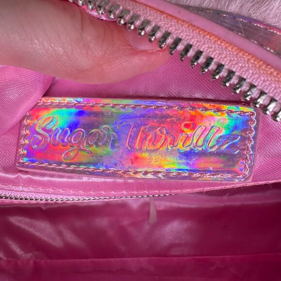 DOLLS KILL SUGAR THRILLZ PINK FAUX FUR SHAGADELIC HOLOGRAPHIC WEEKENDER NWT - Picture 12 of 15